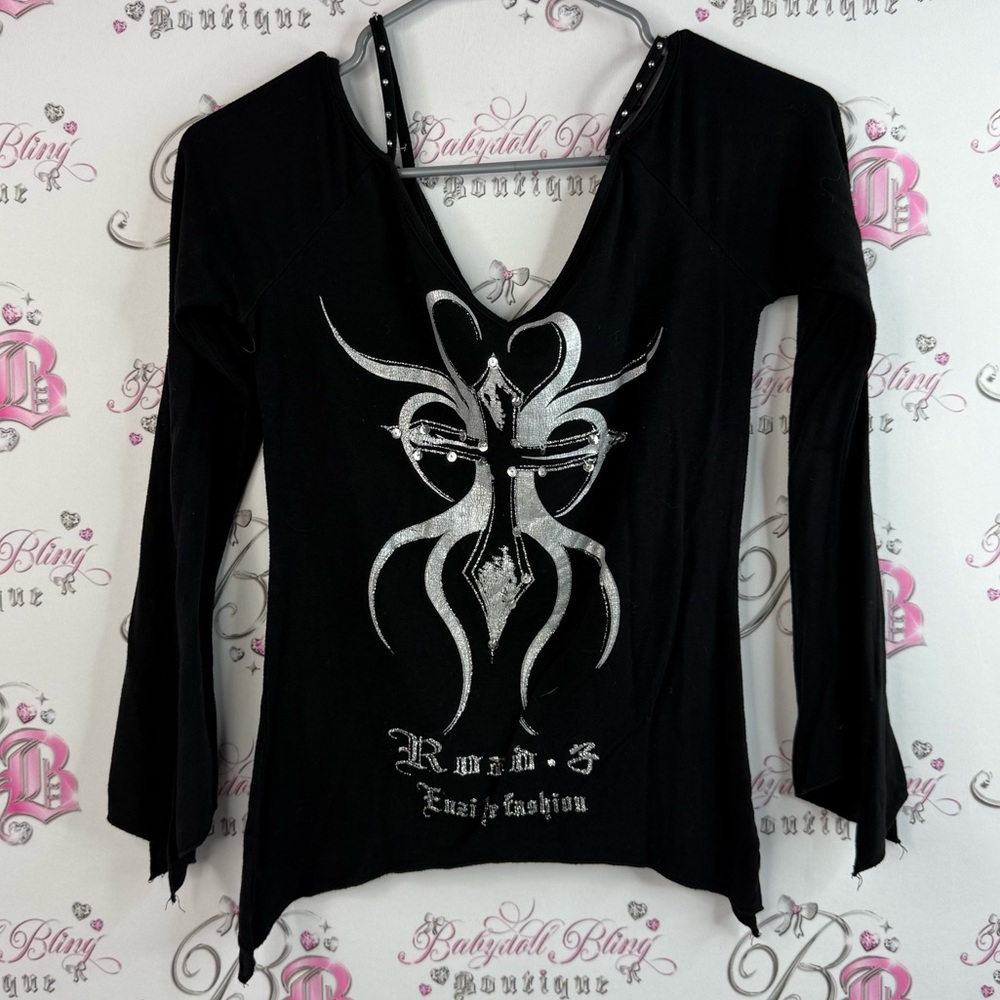 Y2K shirt, one shoulder, studded fairy Black Long Sleeve Top with Silver Design